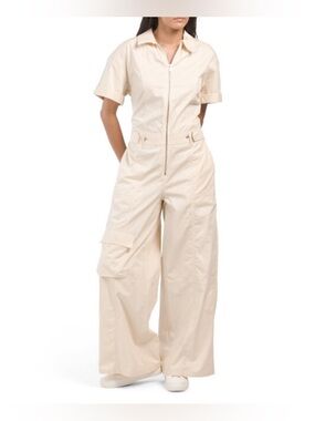 Zara Cream Short-Sleeve Wide-Leg Utility Jumpsuit